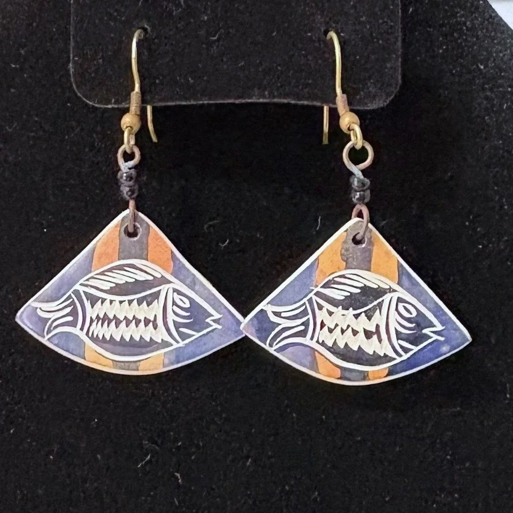Artisan Fish Fan Etched Drop Earrings Purple Orange Nautical Dangle Hook